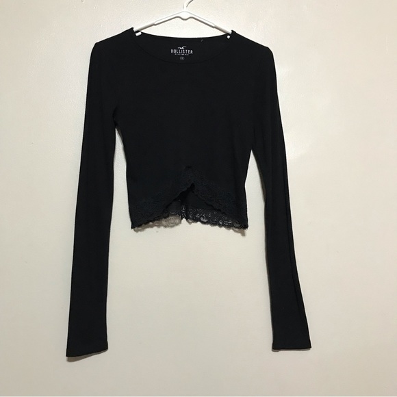 Hollister Tops - Hollister Black Ribbed Long Sleeve Crop Top Lace Trim